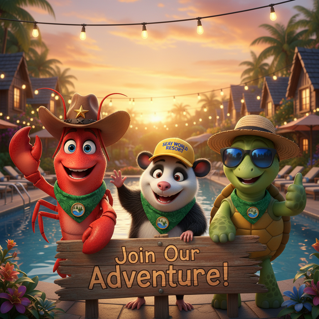 Crawly, Ollie, and Tully — the Seay World Resort mascots — welcoming guests at the resort